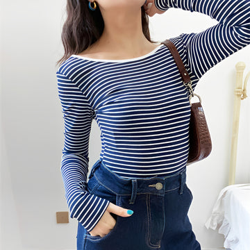 Bodysuit for Women Open Back Long Sleeve Striped Slim Fit