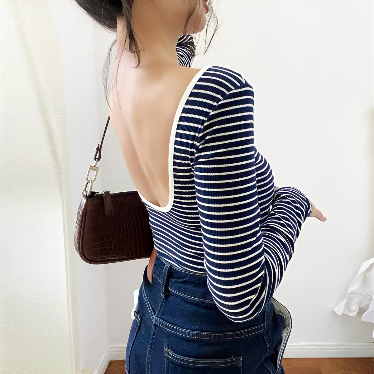 Bodysuit for Women Open Back Long Sleeve Striped Slim Fit