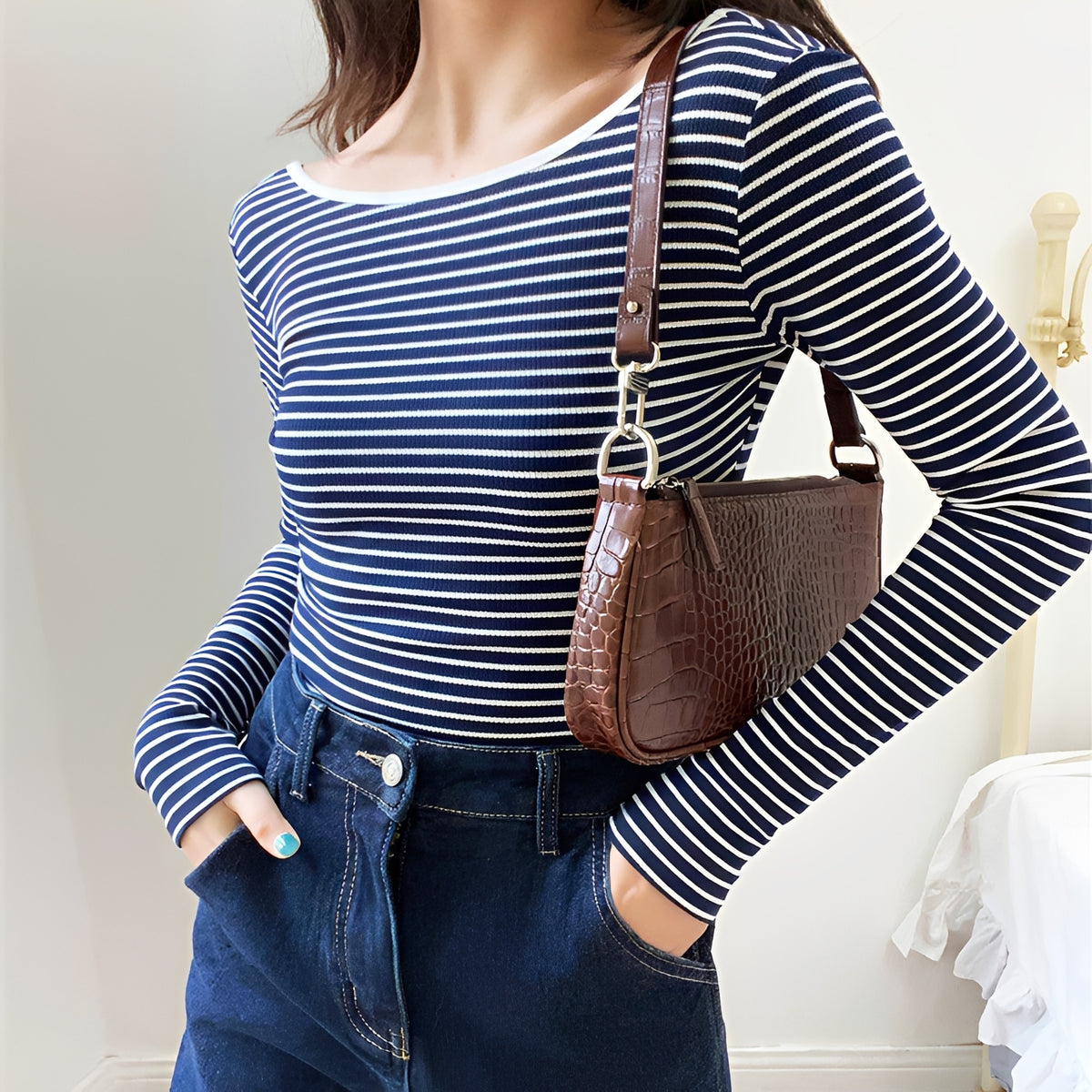 Bodysuit for Women Open Back Long Sleeve Striped Slim Fit