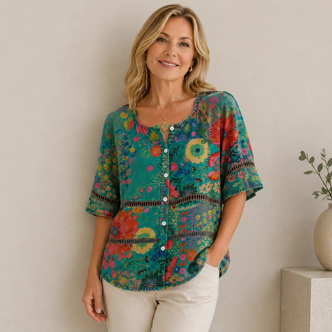 Boho Floral Blouse for Women, Round Neck with Lace Trim, 3/4 Sleeves, Relaxed Tunic Fit