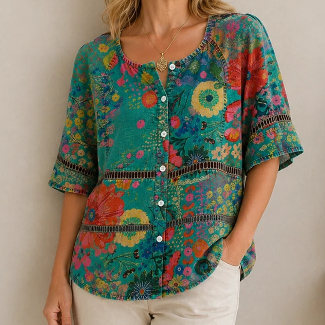 Boho Floral Blouse for Women, Round Neck with Lace Trim, 3/4 Sleeves, Relaxed Tunic Fit