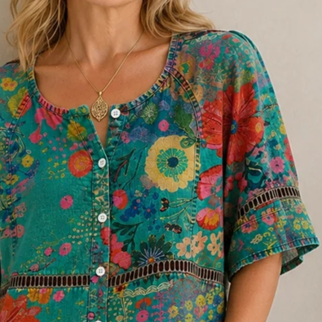 Boho Floral Blouse for Women, Round Neck with Lace Trim, 3/4 Sleeves, Relaxed Tunic Fit