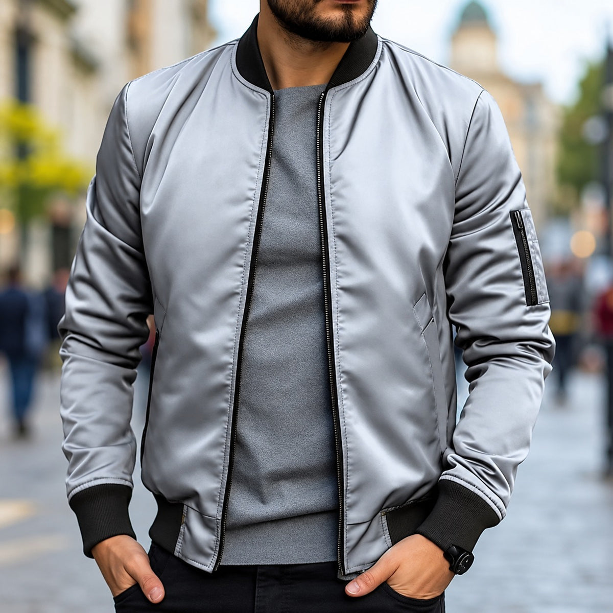 Bomber Jacket for Men - Classic Fit with Ribbed Cuffs and Zipper Closure