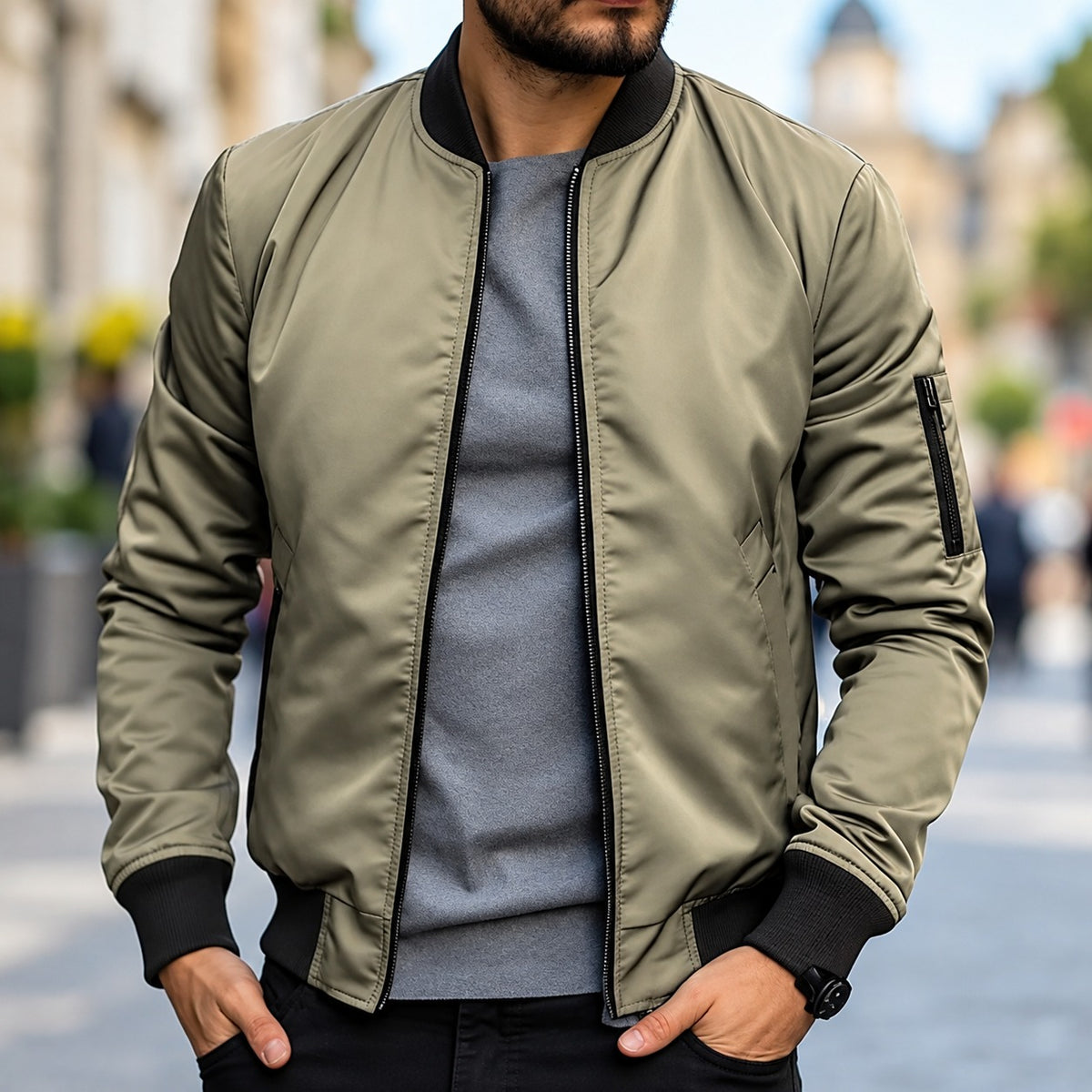 Bomber Jacket for Men - Classic Fit with Ribbed Cuffs and Zipper Closure