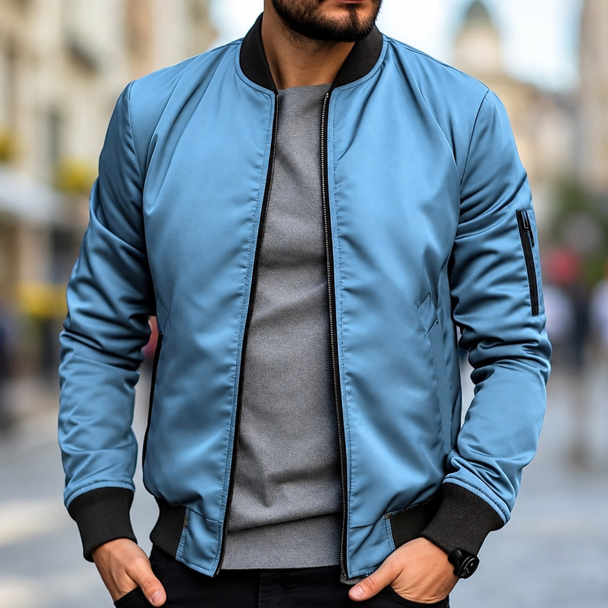 Bomber Jacket for Men - Classic Fit with Ribbed Cuffs and Zipper Closure