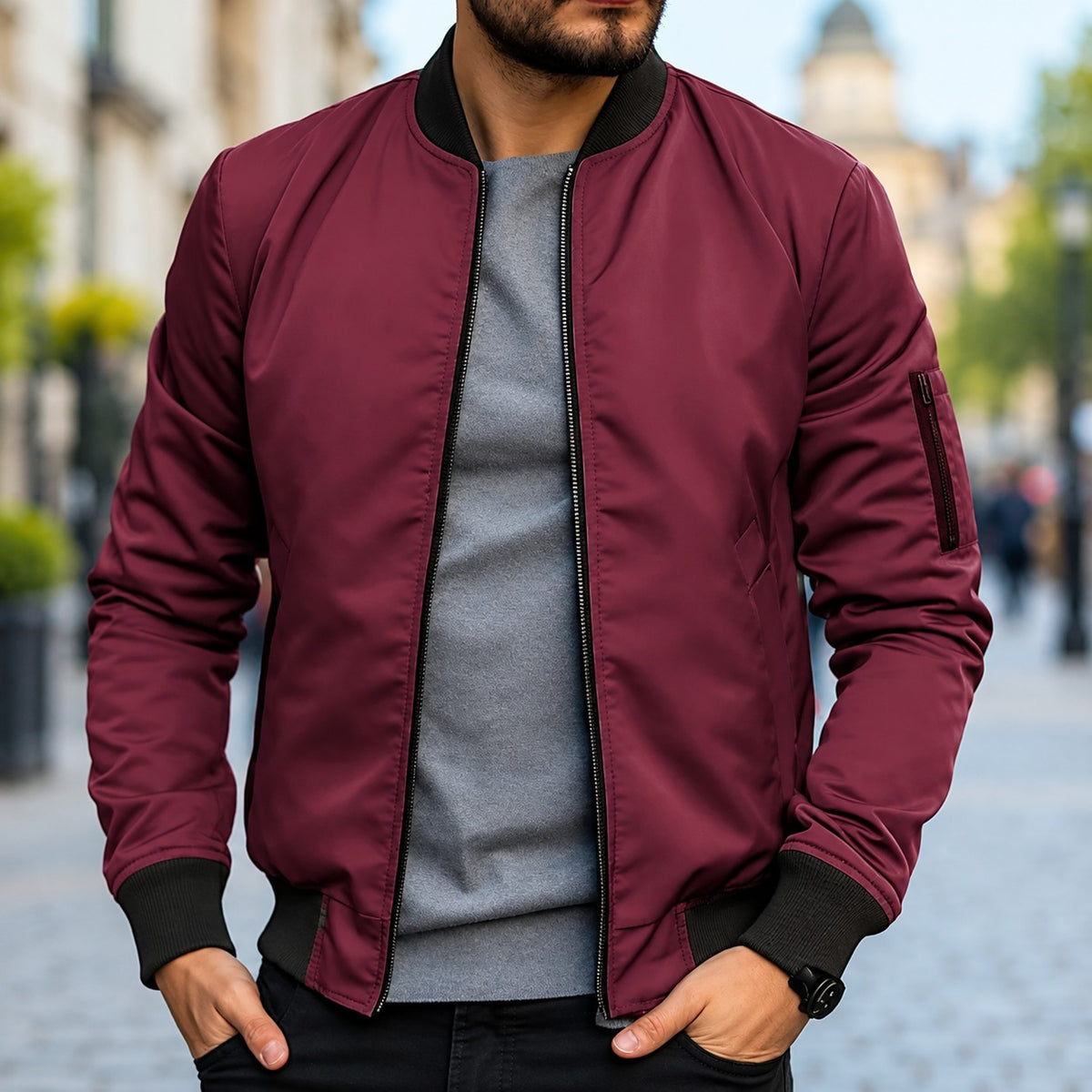 Bomber Jacket for Men - Classic Fit with Ribbed Cuffs and Zipper Closure