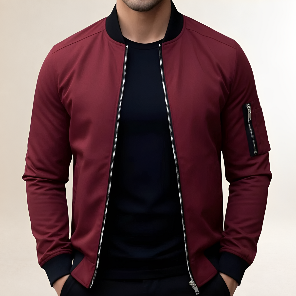 Bomber Jacket for Men - Slim Fit with Zip Closure and Sleeve Pocket