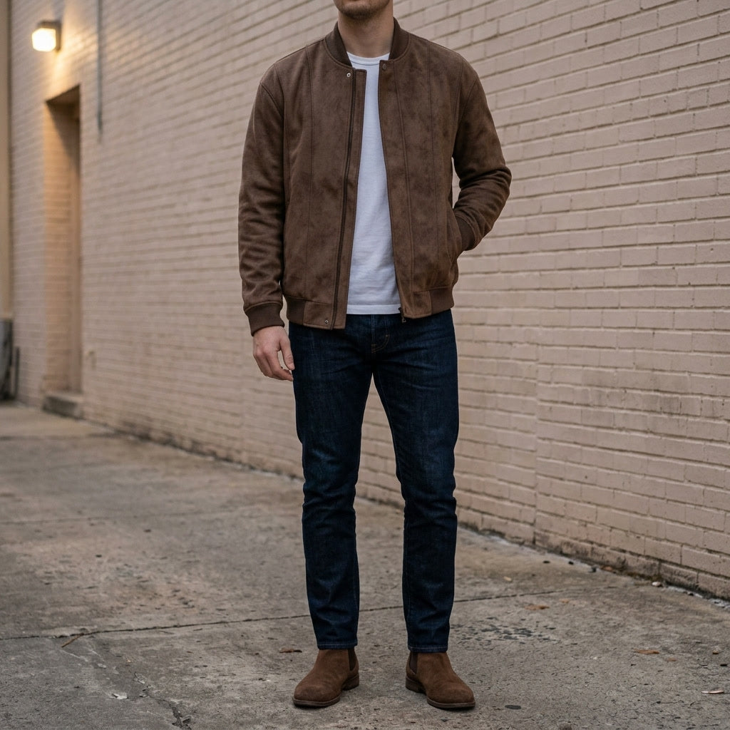 Bomber Jacket Men Zip-Front with Ribbed Collar and Cuffs
