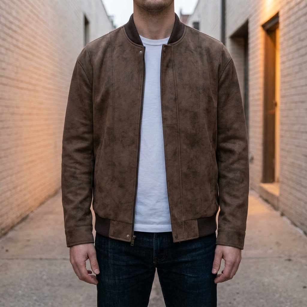 Bomber Jacket Men Zip-Front with Ribbed Collar and Cuffs