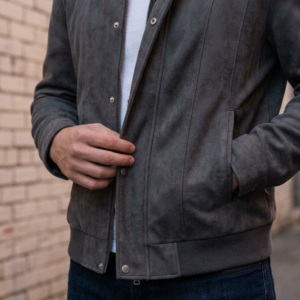 Bomber Jacket Men Zip-Front with Ribbed Collar and Cuffs