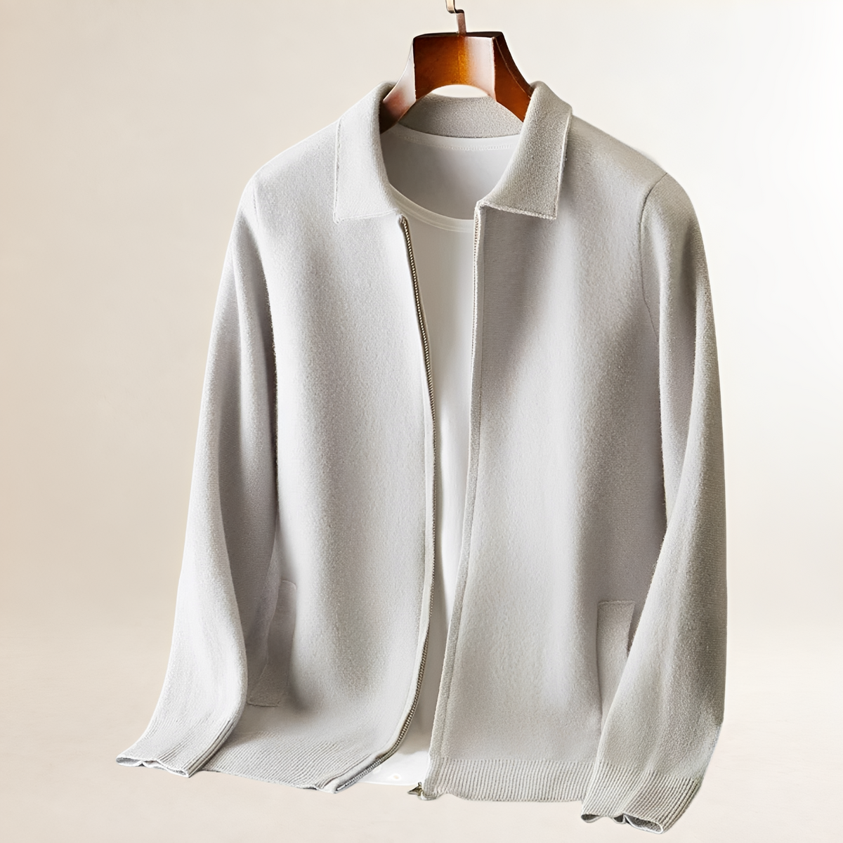 Cardigan for Men, Full-Zip with Shirt Collar and Dual Front Pockets, Ribbed Hem and Cuffs