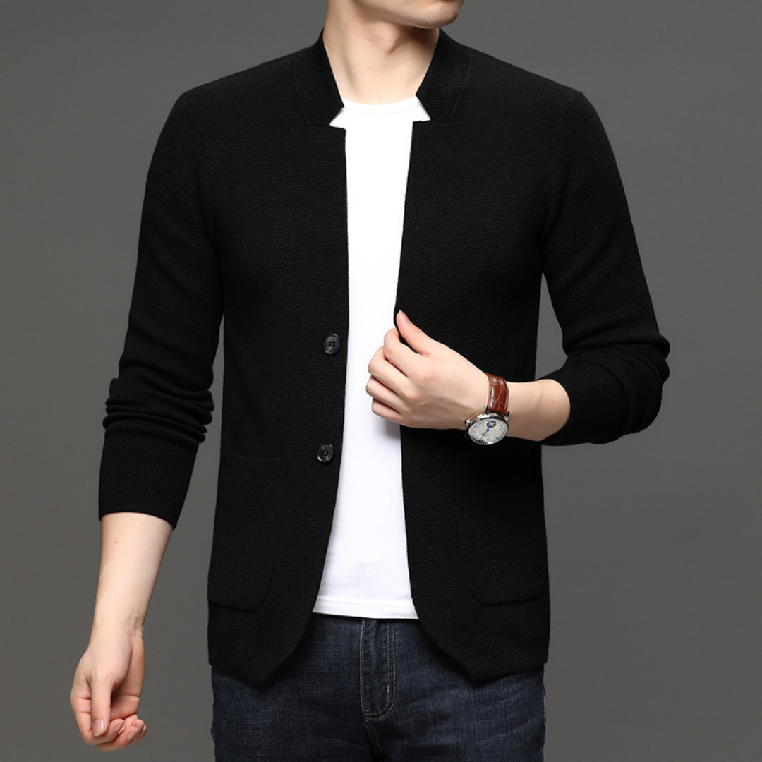 Cardigan for Men, Stand Collar, Two-Button Closure, Patch Pockets, Slim Fit
