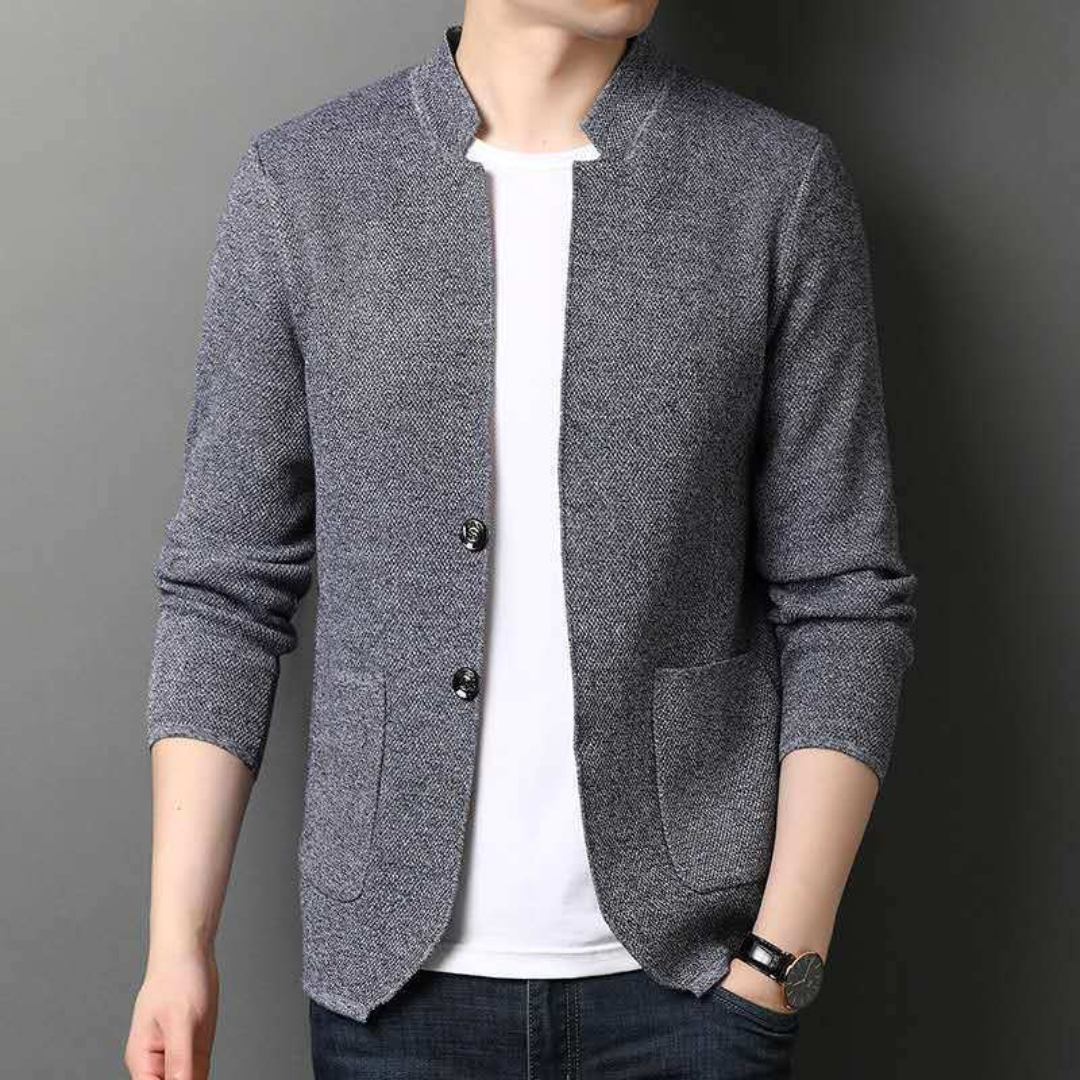Cardigan for Men, Stand Collar, Two-Button Closure, Patch Pockets, Slim Fit