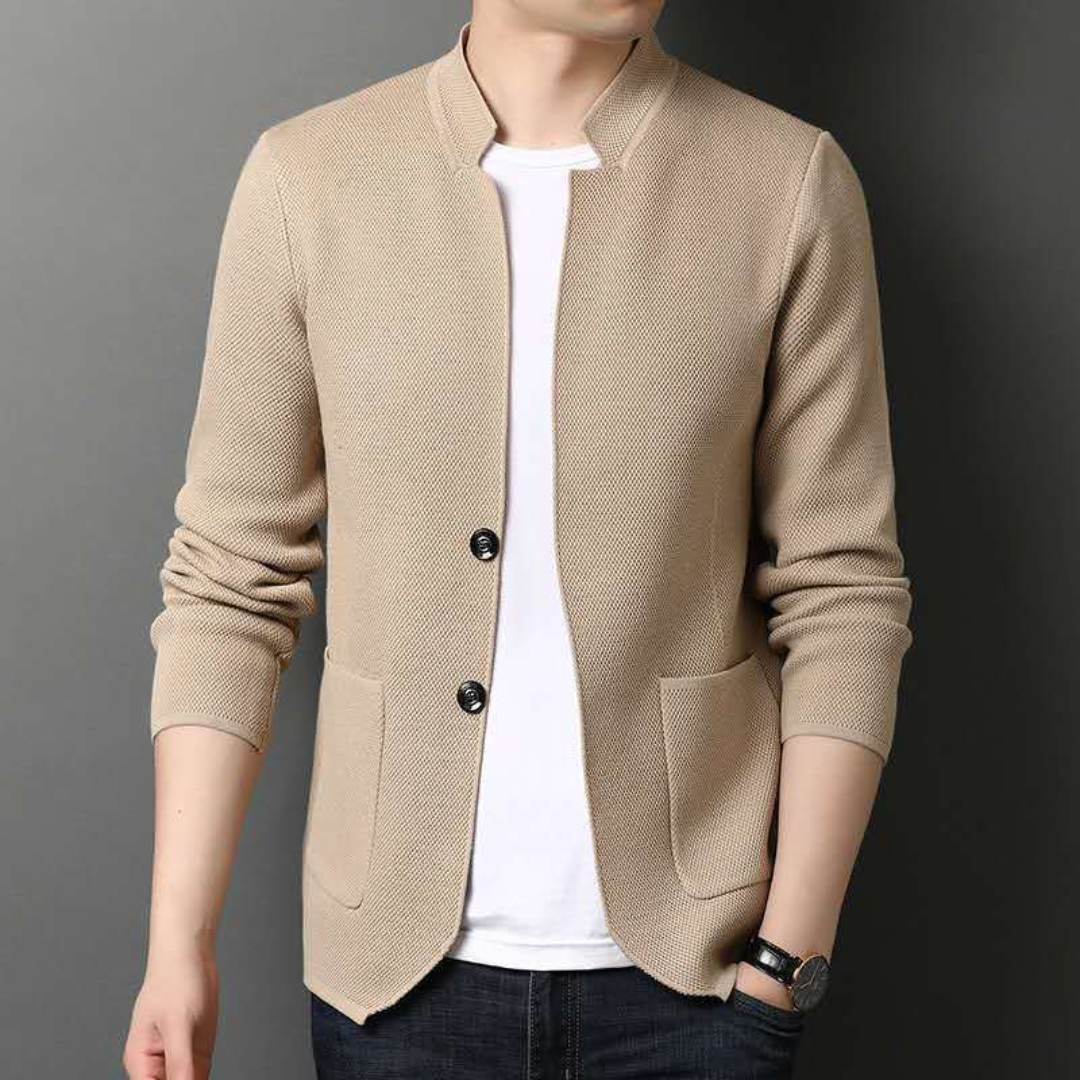 Cardigan for Men, Stand Collar, Two-Button Closure, Patch Pockets, Slim Fit