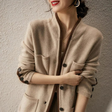 Cardigan for Women - Button Closure with Pockets and Contrast Trim