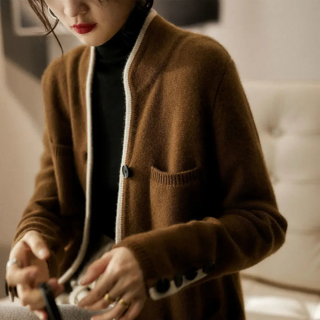 Cardigan for Women - Button Closure with Pockets and Contrast Trim