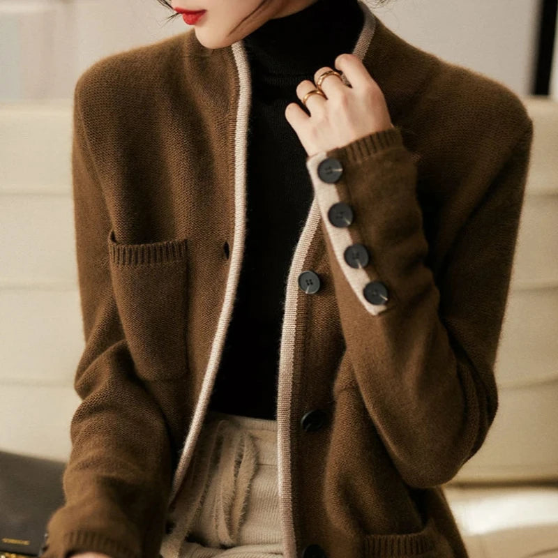 Cardigan for Women - Button Closure with Pockets and Contrast Trim