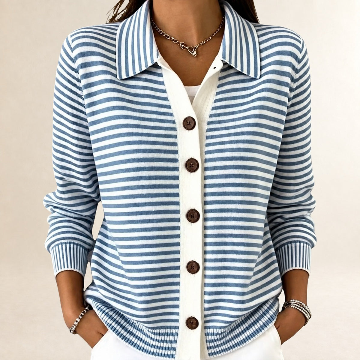 Cardigan for Women Collared Button-Front Striped Long Sleeve Hip-Length Relaxed Fit