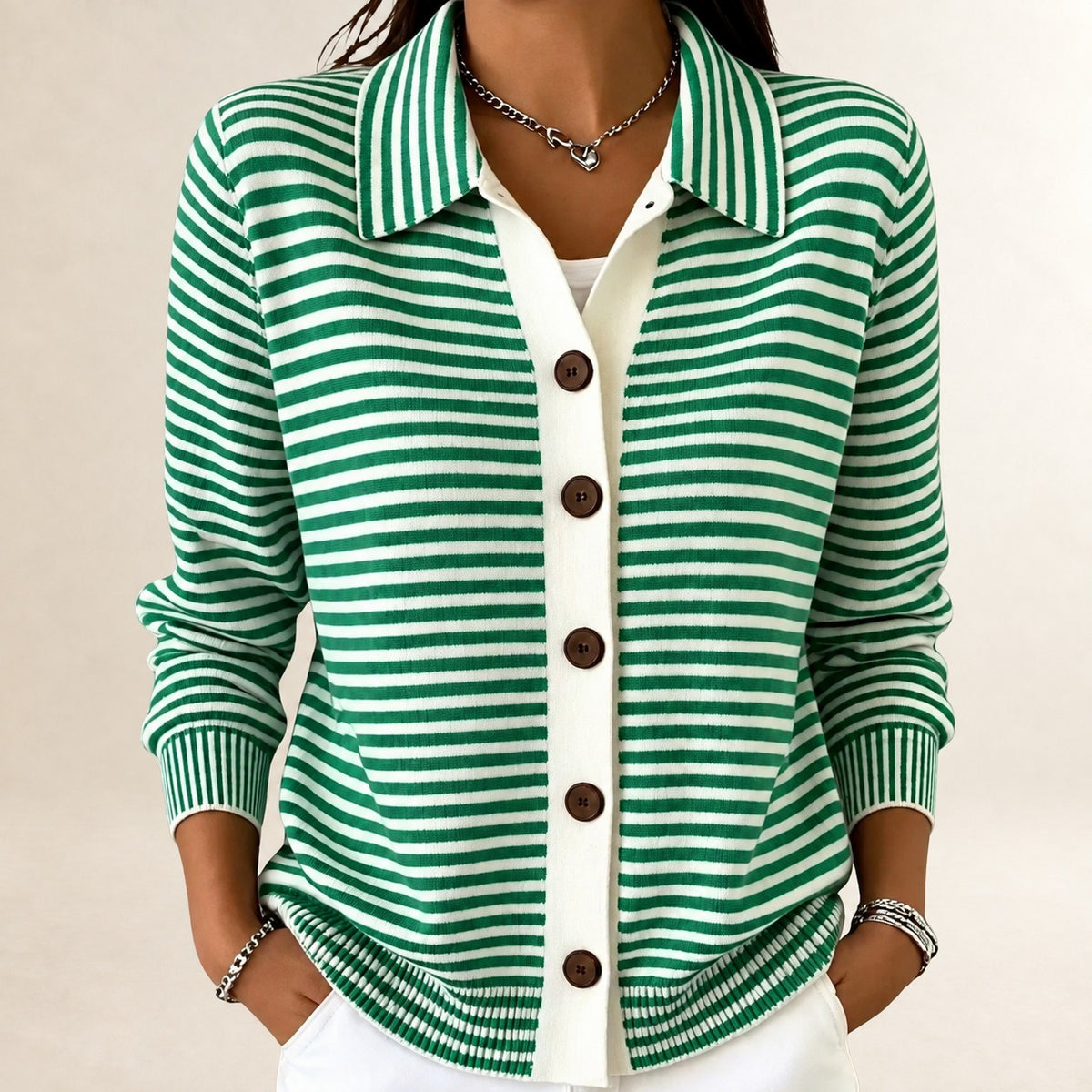 Cardigan for Women Collared Button-Front Striped Long Sleeve Hip-Length Relaxed Fit