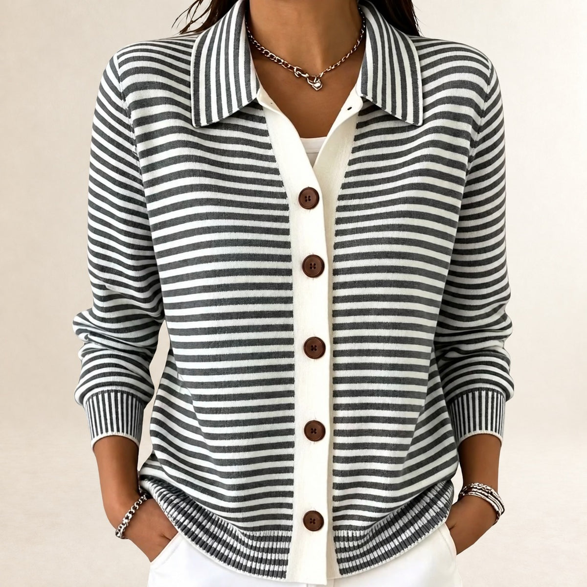 Cardigan for Women Collared Button-Front Striped Long Sleeve Hip-Length Relaxed Fit