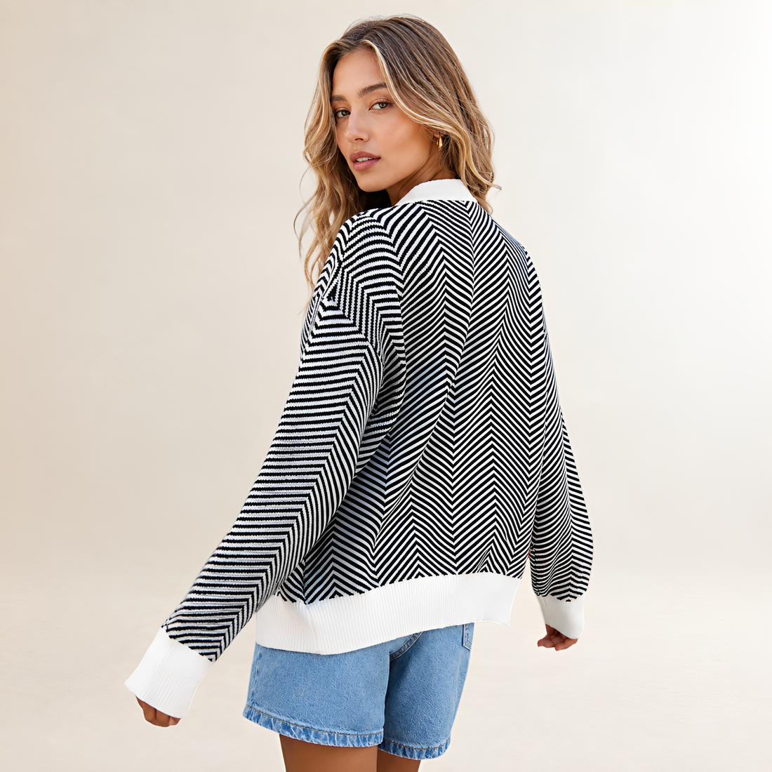Cardigan for Women Herringbone Pattern Button Front Relaxed Fit