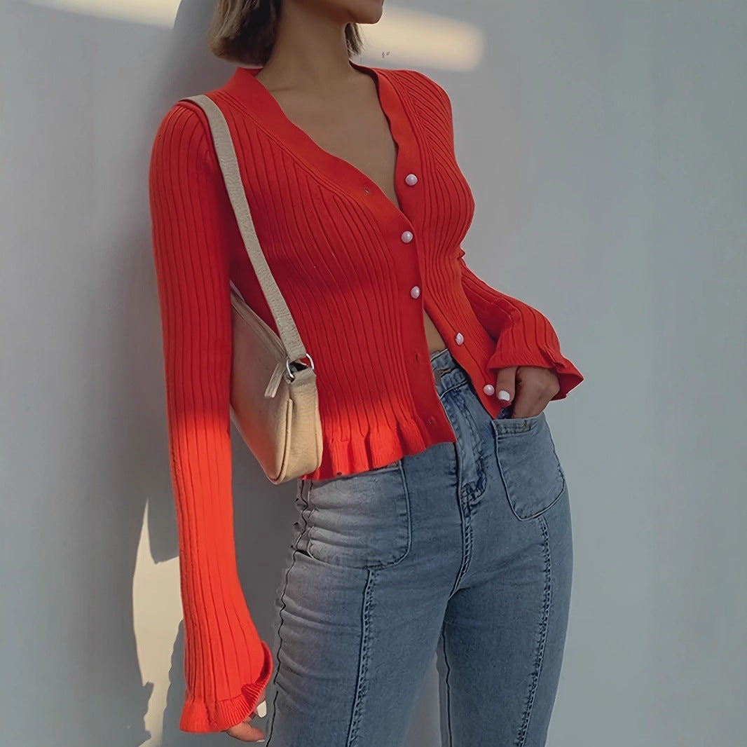 Cardigan Women Button Front Long Sleeve Ribbed Design - Slim Fit