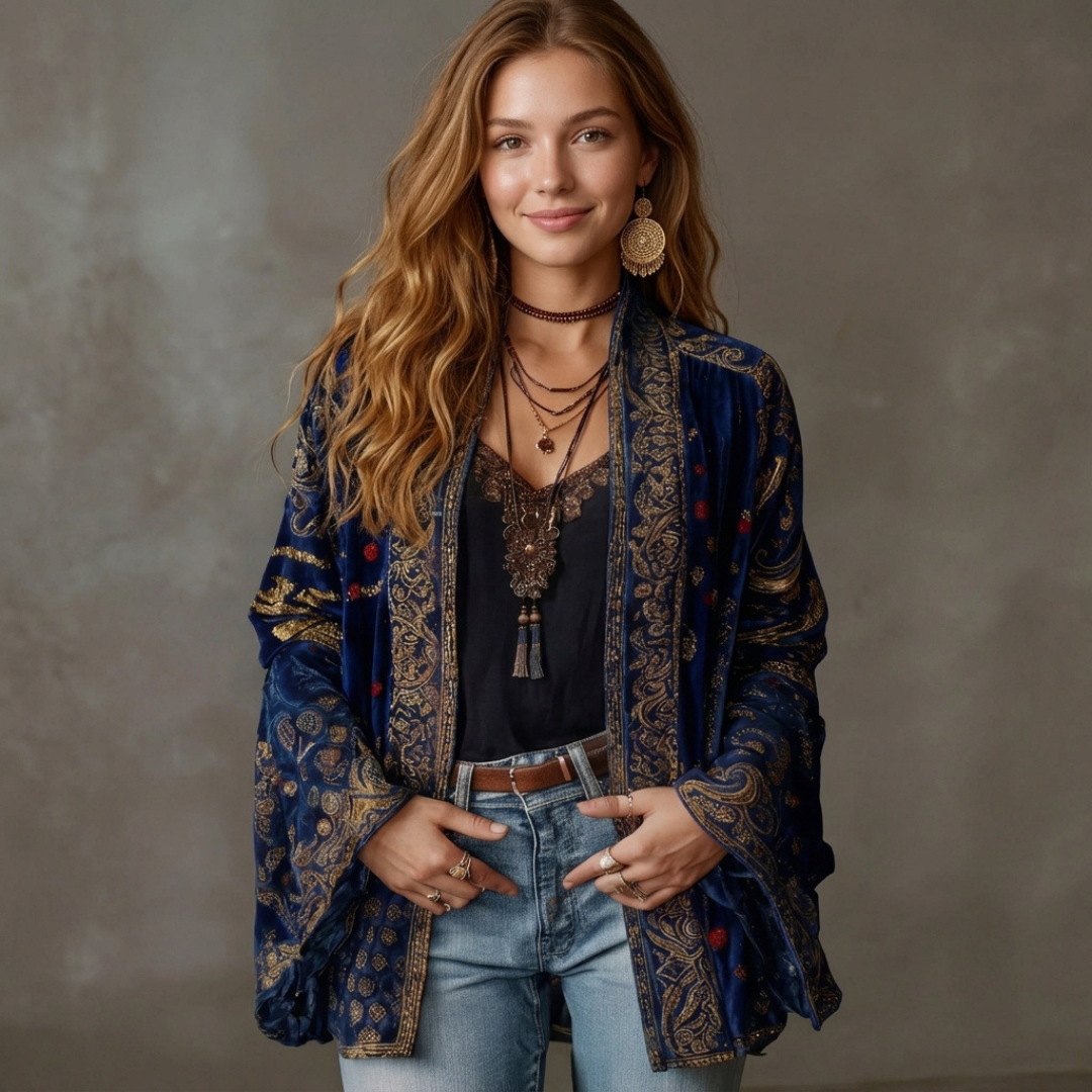 Cardigan - Women's Embroidered Boho Kimono, Open Front, Long Wide Sleeves, Relaxed Fit