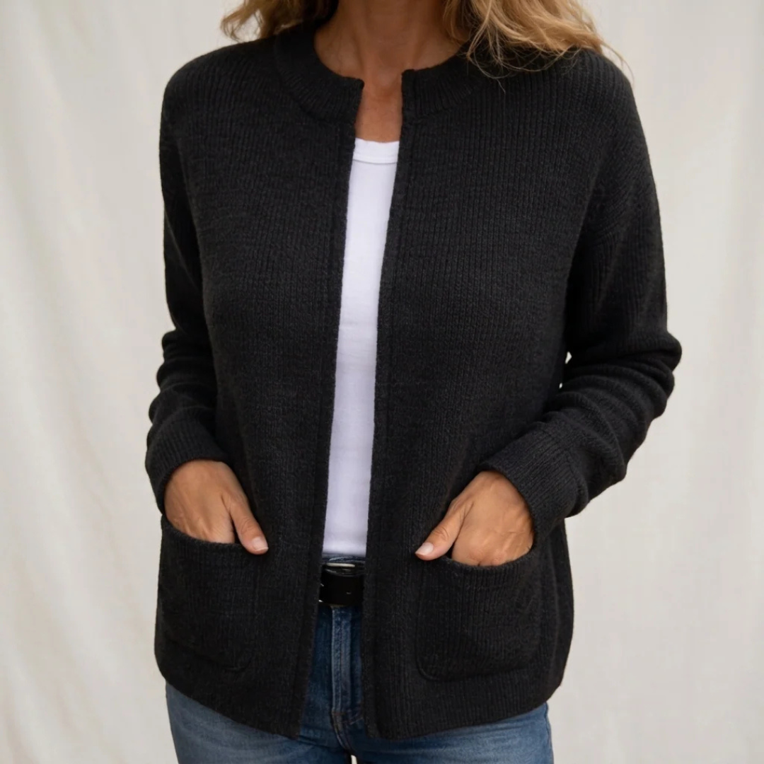 Cardigan - Women's Open-Front Long-Sleeve with Patch Pockets, Relaxed Hip-Length