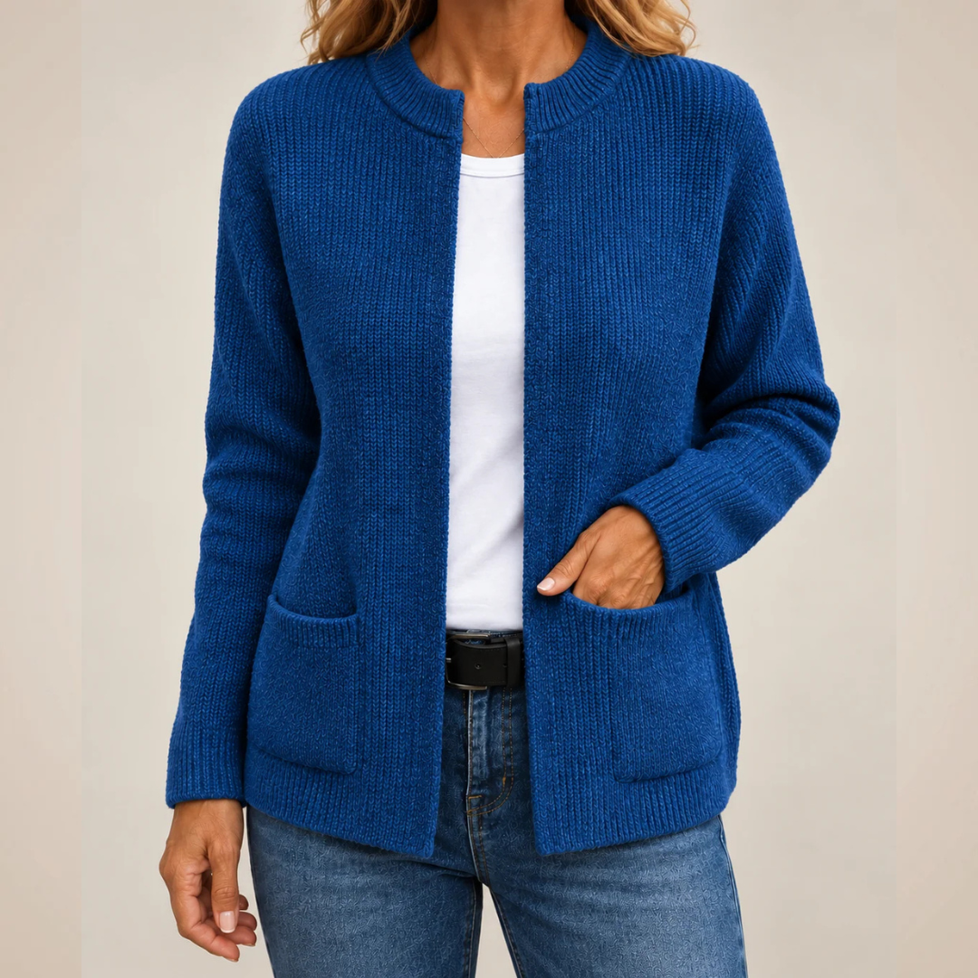 Cardigan - Women's Open-Front Long-Sleeve with Patch Pockets, Relaxed Hip-Length