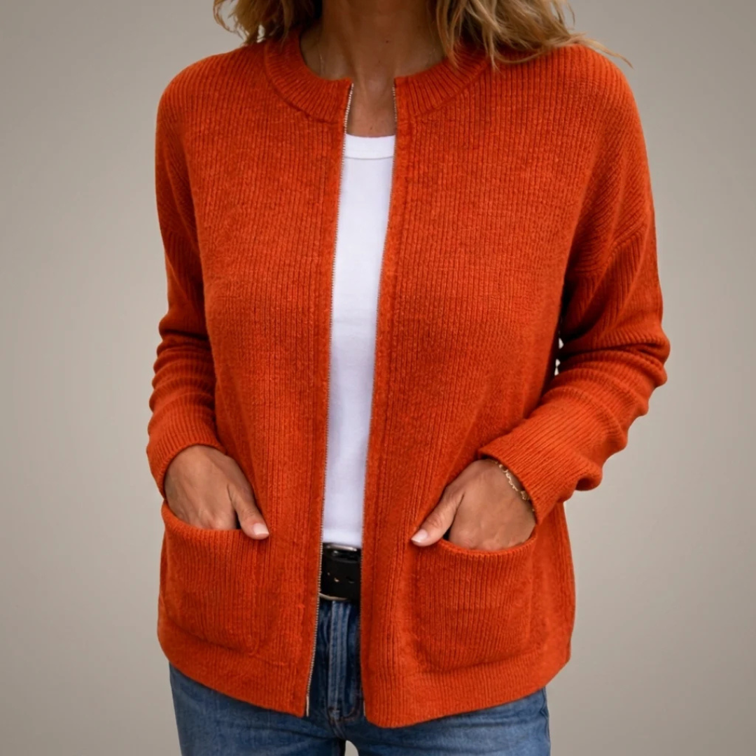 Cardigan - Women's Open-Front Long-Sleeve with Patch Pockets, Relaxed Hip-Length