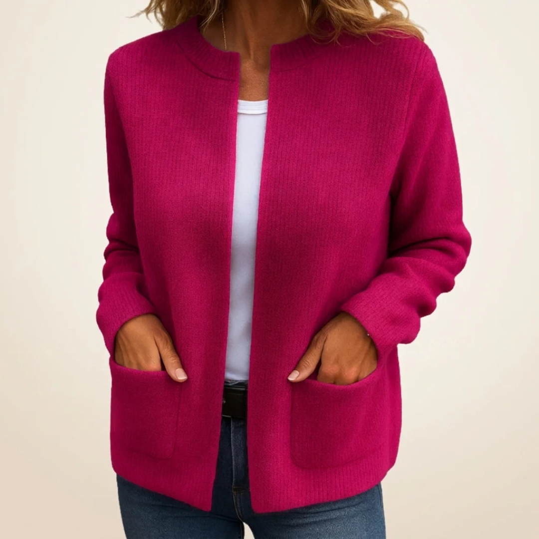 Cardigan - Women's Open-Front Long-Sleeve with Patch Pockets, Relaxed Hip-Length