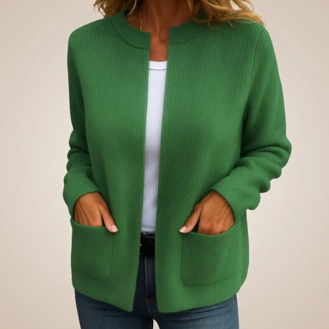 Cardigan - Women's Open-Front Long-Sleeve with Patch Pockets, Relaxed Hip-Length