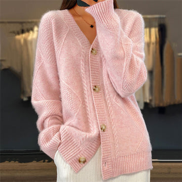 Cardigan - Women's V-neck Button-Front with Cable Trim & Diamond Textured Panels, Ribbed Cuffs, Relaxed Fit