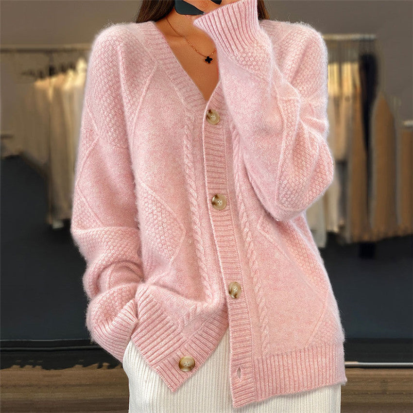 Cardigan - Women's V-neck Button-Front with Cable Trim & Diamond Textured Panels, Ribbed Cuffs, Relaxed Fit