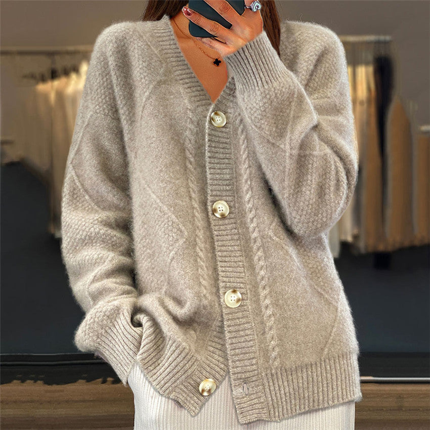 Cardigan - Women's V-neck Button-Front with Cable Trim & Diamond Textured Panels, Ribbed Cuffs, Relaxed Fit