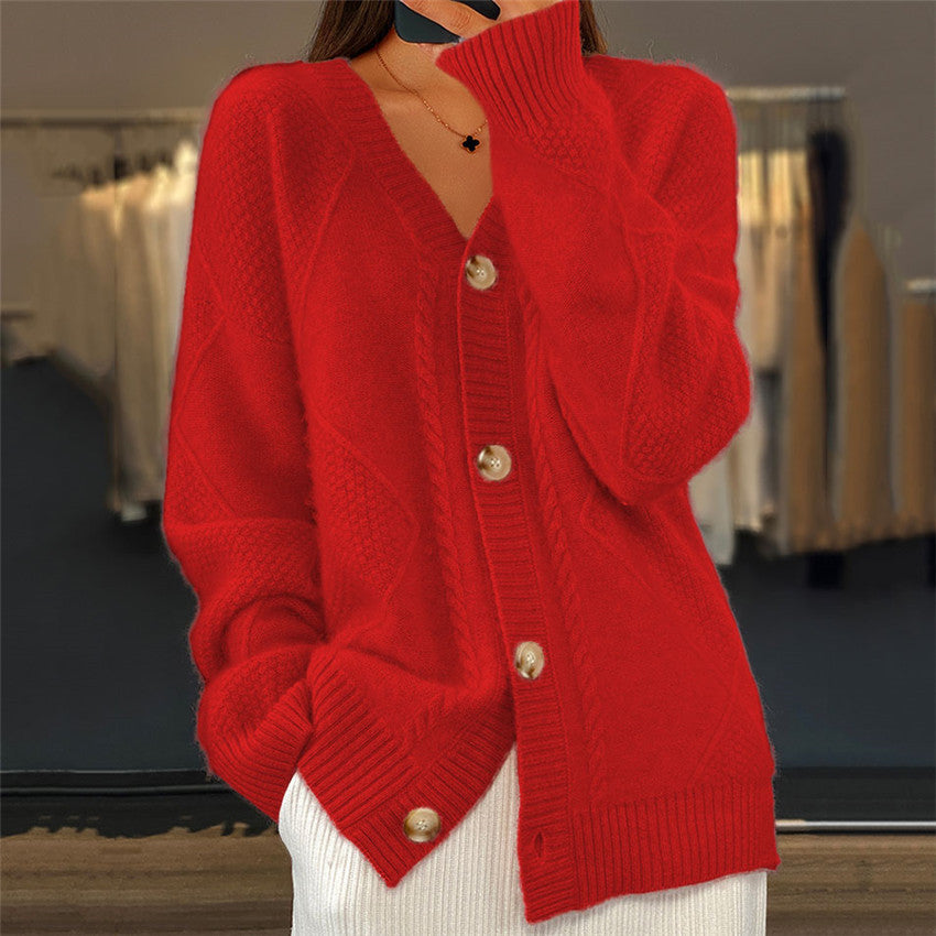 Cardigan - Women's V-neck Button-Front with Cable Trim & Diamond Textured Panels, Ribbed Cuffs, Relaxed Fit