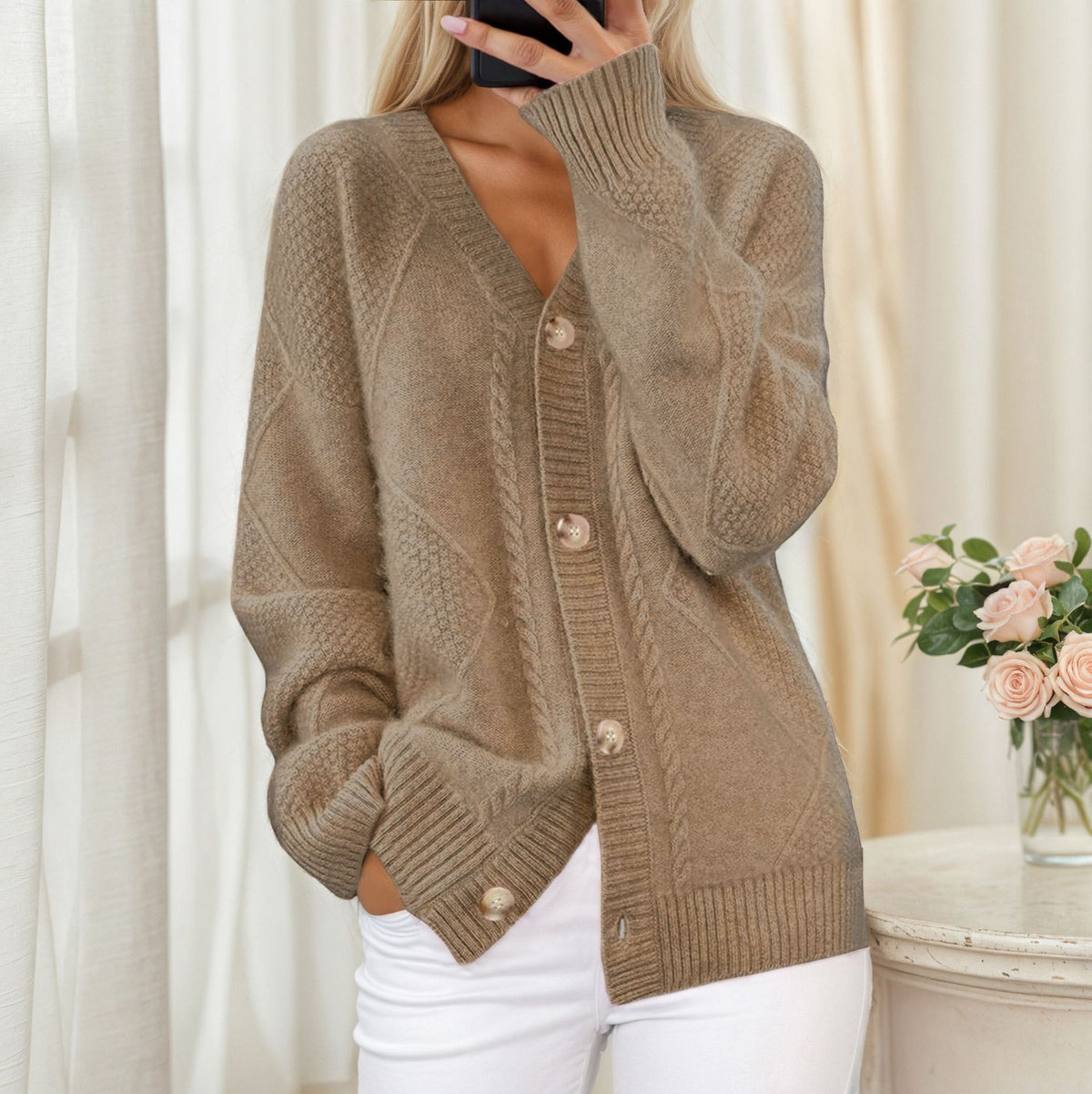 Cardigan - Women's V-neck Button-Front with Cable Trim & Diamond Textured Panels, Ribbed Cuffs, Relaxed Fit