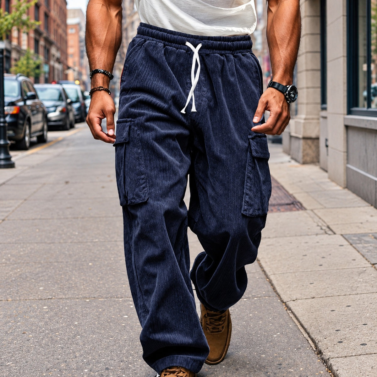 Cargo Pants for Men - Straight Leg with Elastic Waist and Adjustable Drawstring, Casual Style