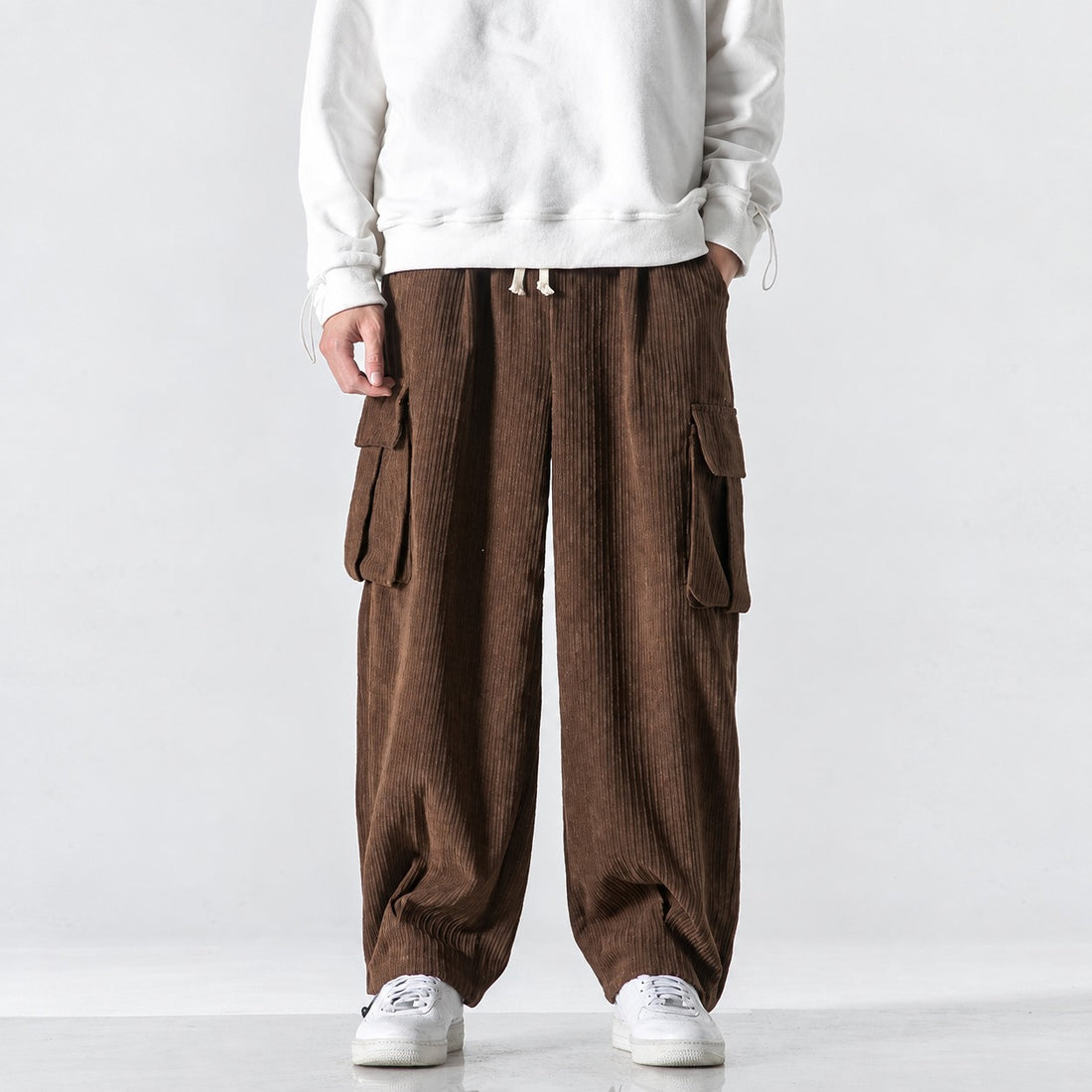 Cargo Pants Men Loose Fit Elastic Waistband Side Pockets