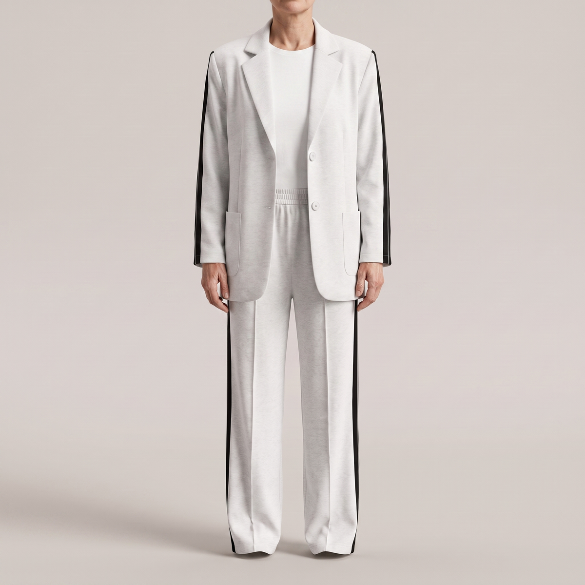 Casual Office Suit for Women - Two-Piece Blazer and Wide Leg Trousers with Side Stripe Detail