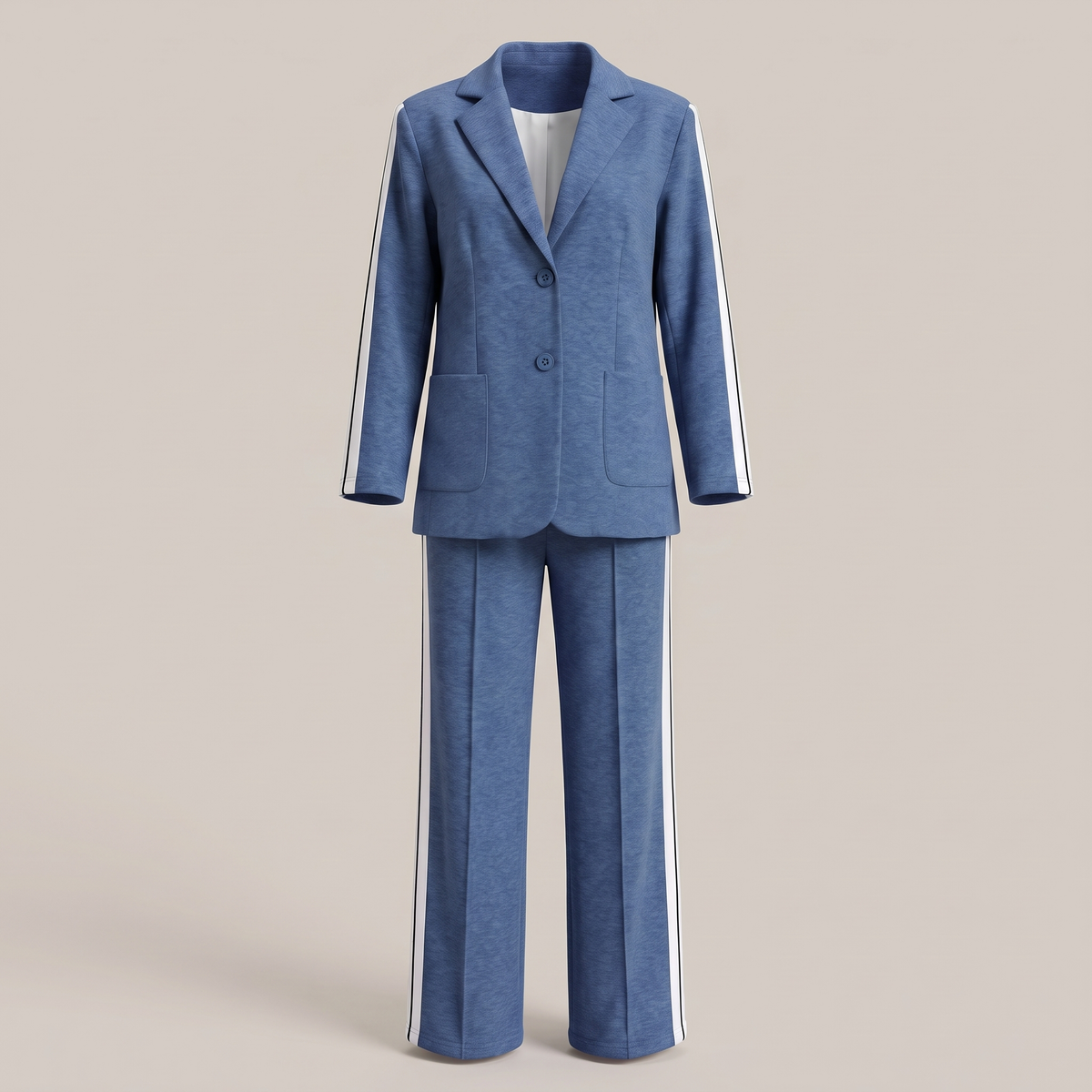 Casual Office Suit for Women - Two-Piece Blazer and Wide Leg Trousers with Side Stripe Detail
