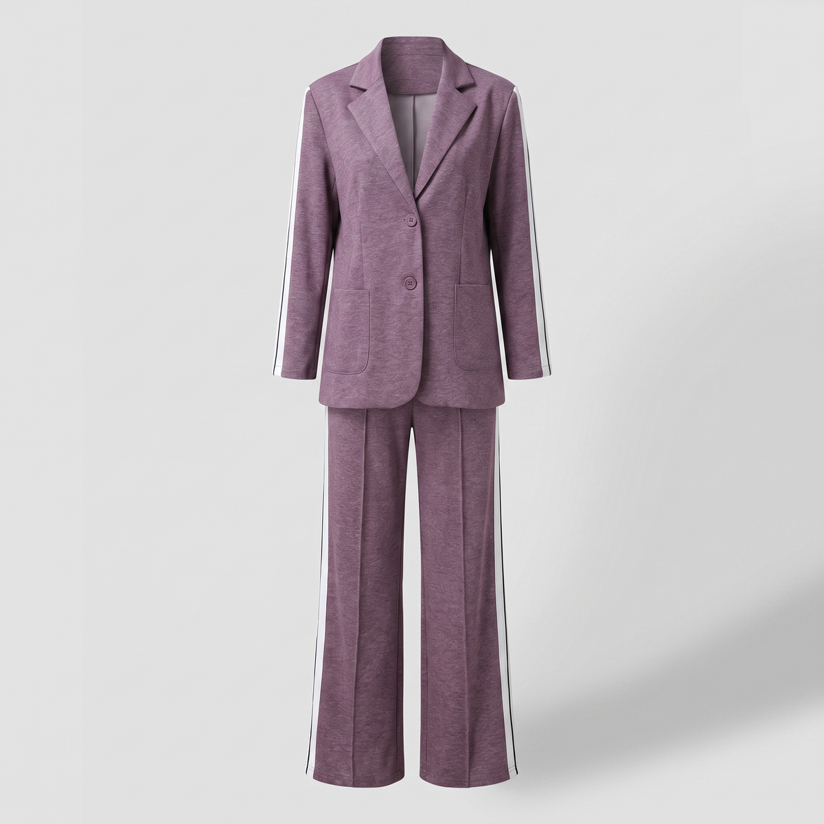 Casual Office Suit for Women - Two-Piece Blazer and Wide Leg Trousers with Side Stripe Detail