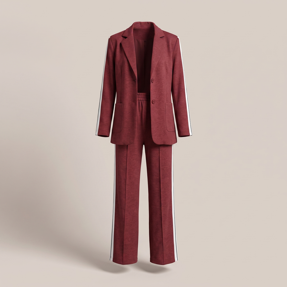 Casual Office Suit for Women - Two-Piece Blazer and Wide Leg Trousers with Side Stripe Detail