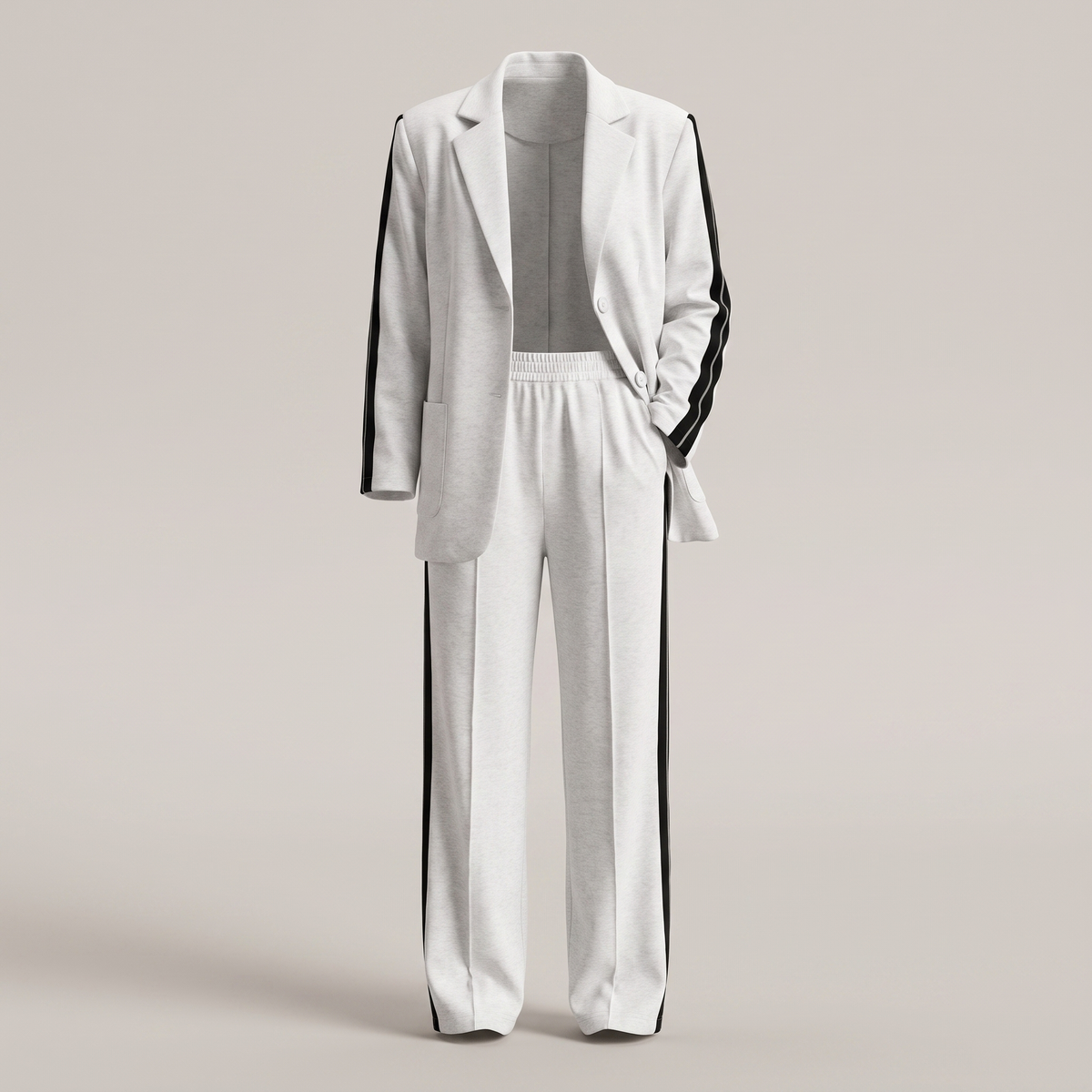 Casual Office Suit for Women - Two-Piece Blazer and Wide Leg Trousers with Side Stripe Detail