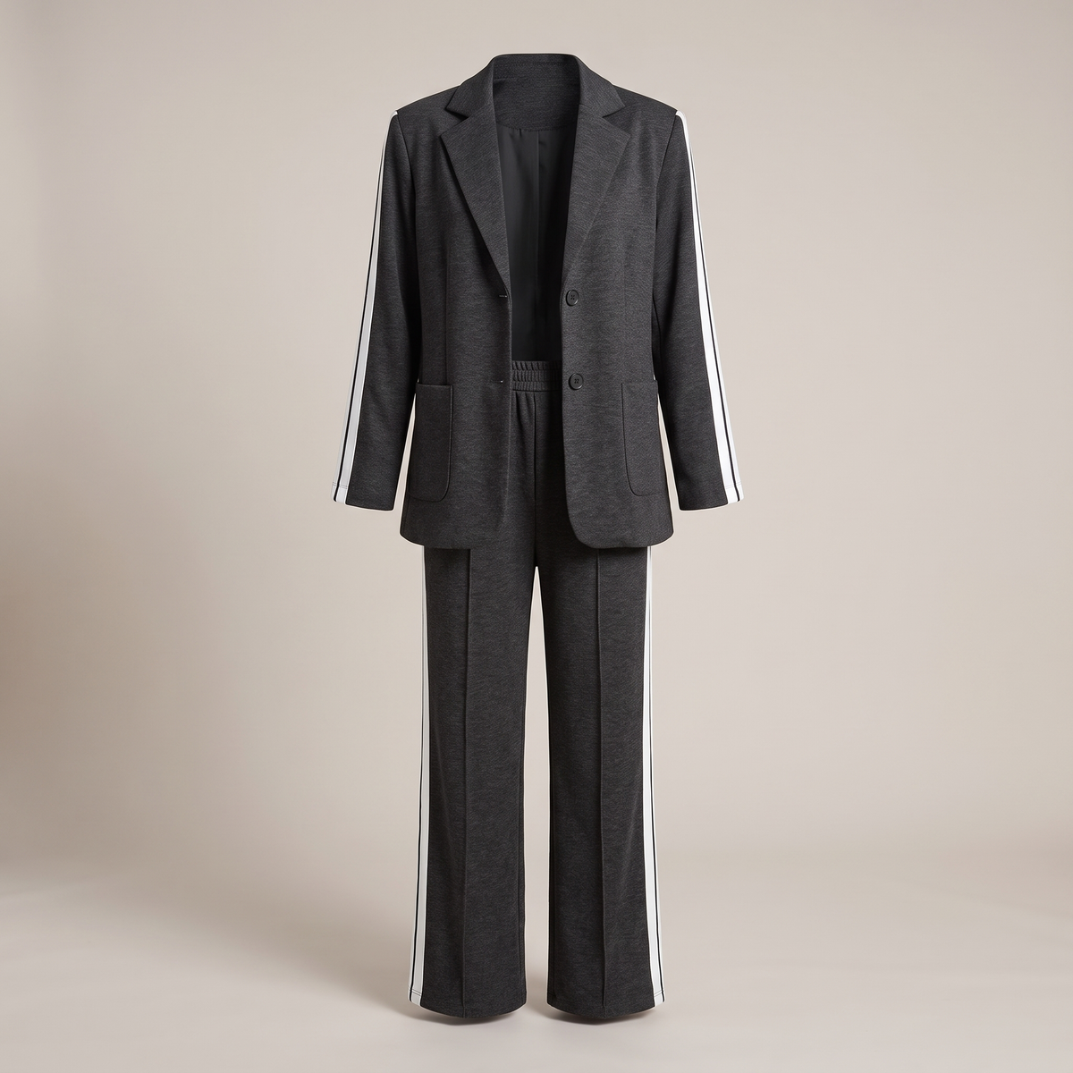 Casual Office Suit for Women - Two-Piece Blazer and Wide Leg Trousers with Side Stripe Detail