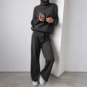 Casual Set for Women - Turtleneck Sweater and Wide-Leg Pants with Relaxed Fit
