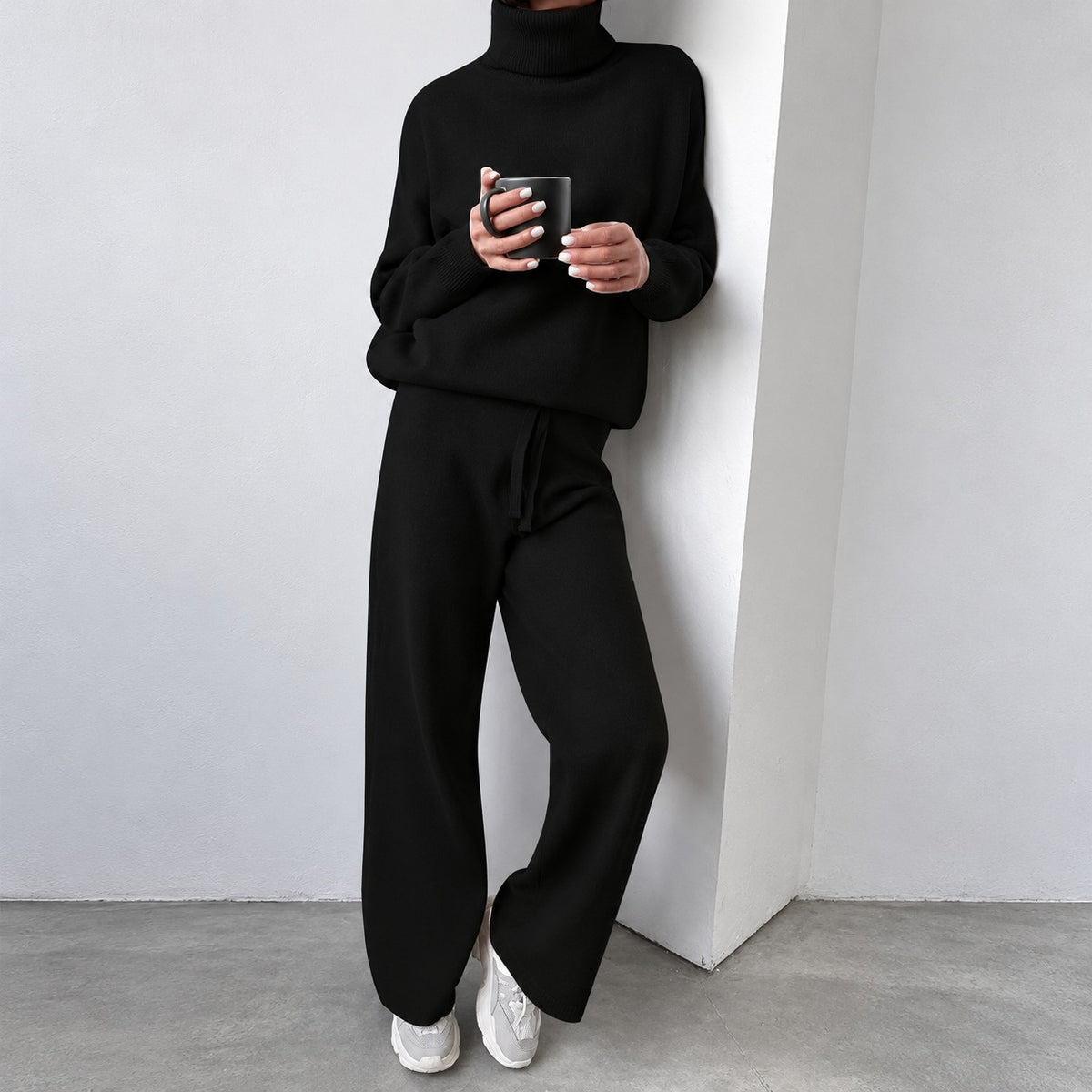 Casual Set for Women - Turtleneck Sweater and Wide-Leg Pants with Relaxed Fit