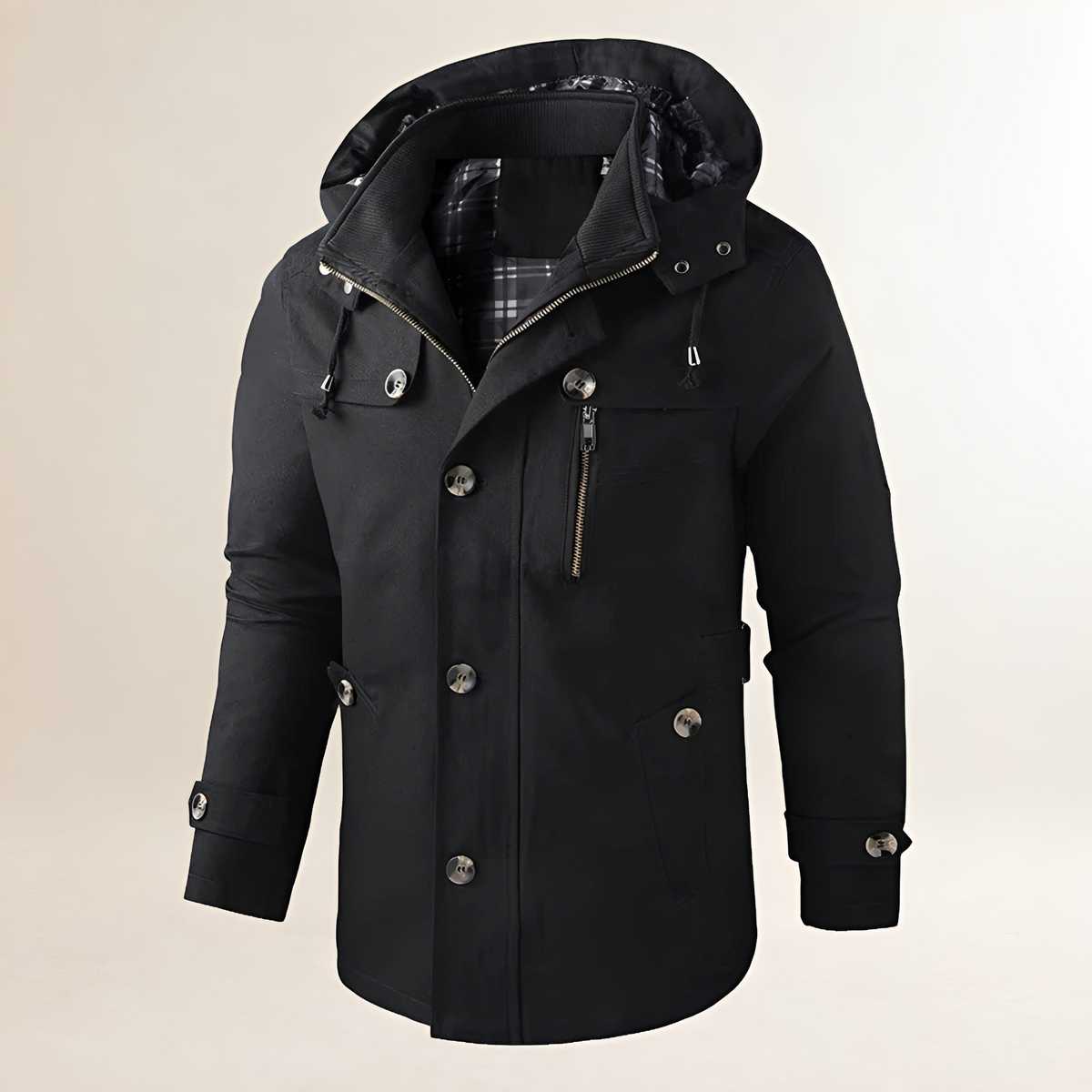 Coat for Men - Hooded, Button Closure, Multiple Pockets, Regular Fit