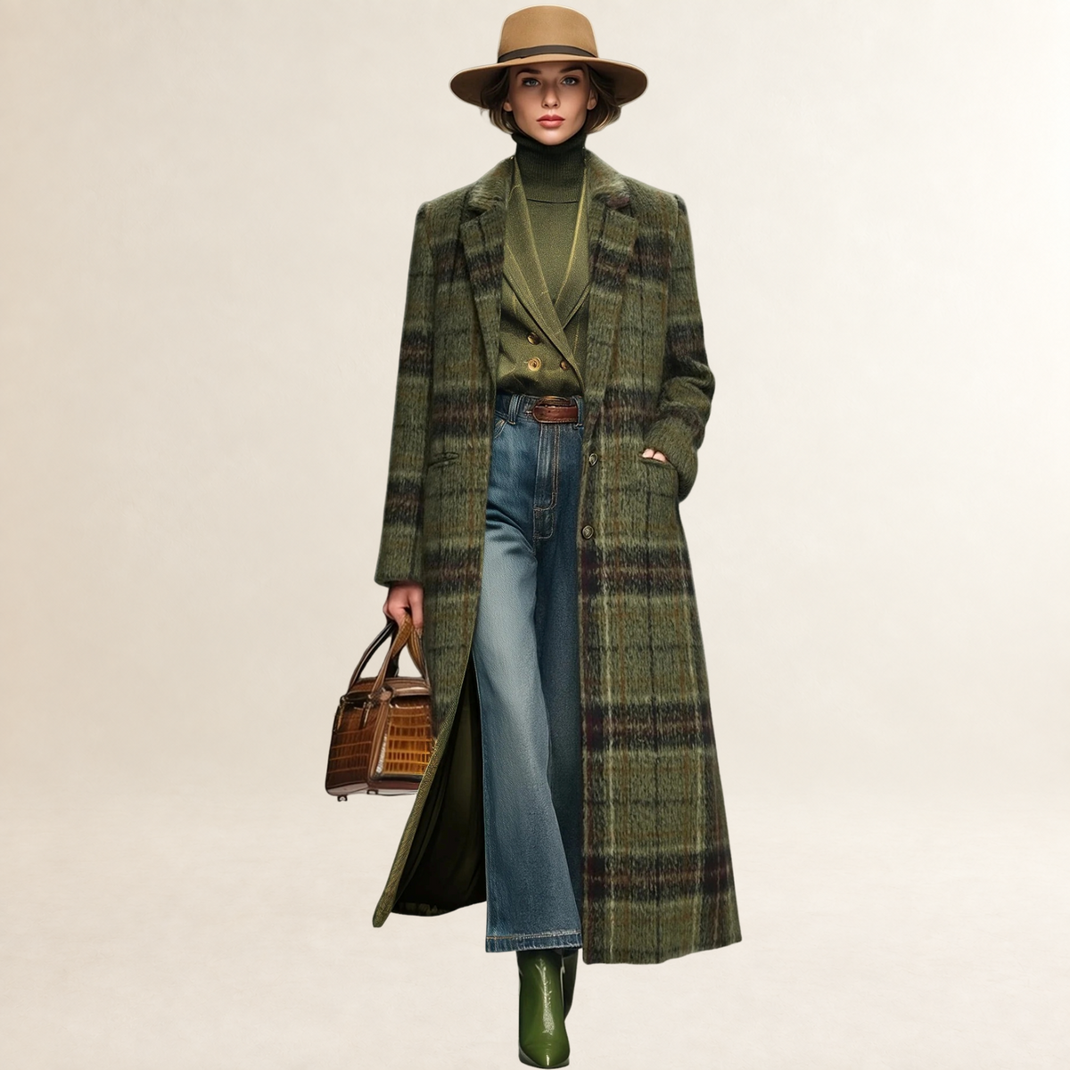 Coat for Women Long Plaid Design with Lapel - Loose Fit