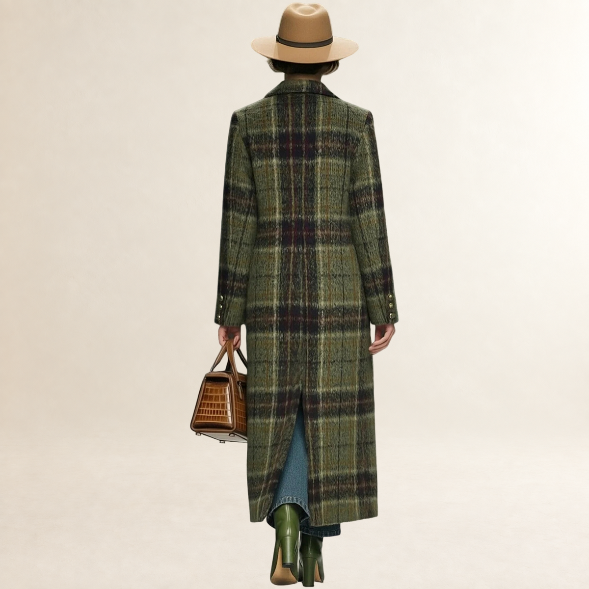 Coat for Women Long Plaid Design with Lapel - Loose Fit
